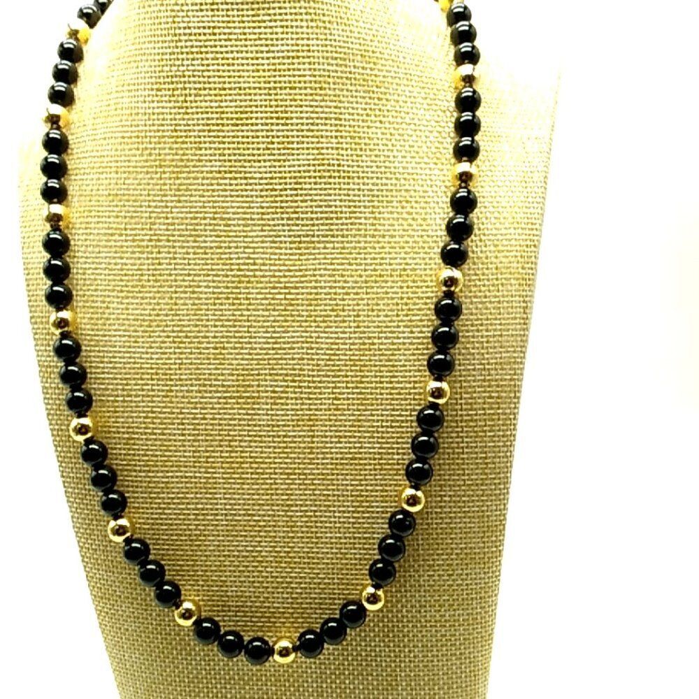 Vintage Napier Black Gold Beaded Necklace Signed 29"